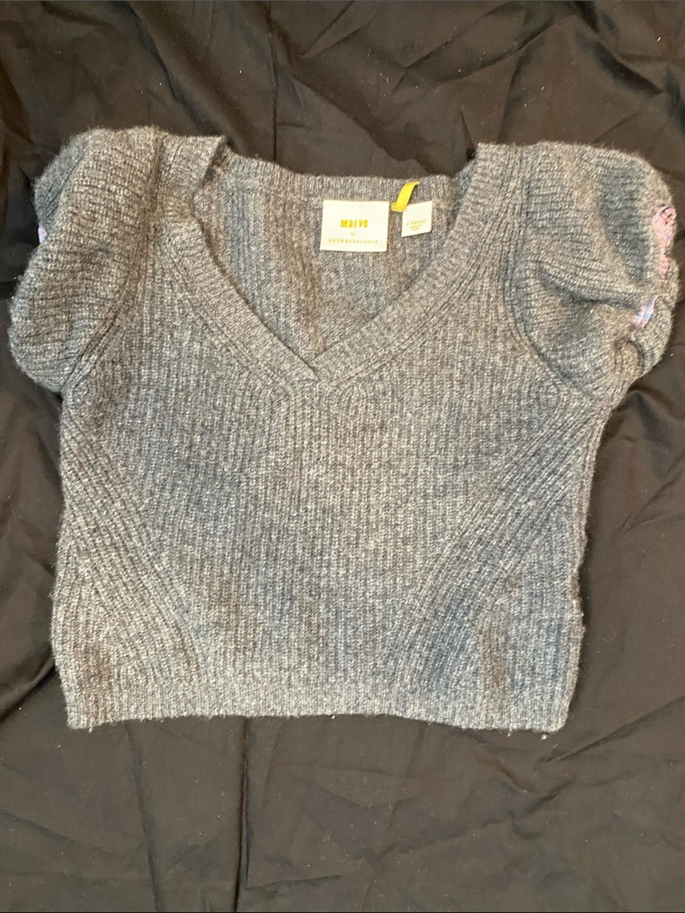 Maeve Charcoal V-Neck Puff Sleeve Knit Top